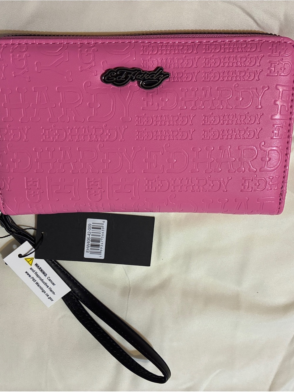 Ed Hardy Hot Pink Embossed Wristlet with Black Strap